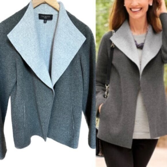 Talbots  * Boiled Wool Blazer Jacket Open Front Light / Dark Gray     EUC - Picture 1 of 15